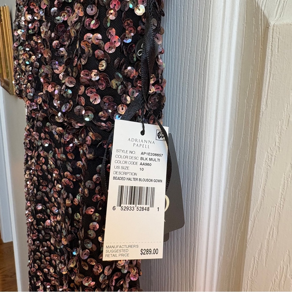 NWT Adrianna Papell Black sequin beaded halter blouson gown size 10. - Picture 5 of 8